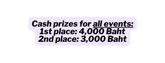 Cash prizes for all events 1st place 4 000 Baht 2nd place 3 000 Baht